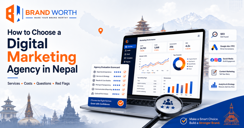 BrandWorth guide to choosing a digital marketing agency in Nepal, featuring an analytics dashboard and agency evaluation scorecard.