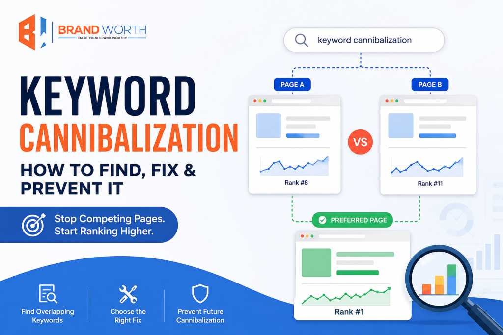 Keyword cannibalization showing two website pages competing for the same Google search query