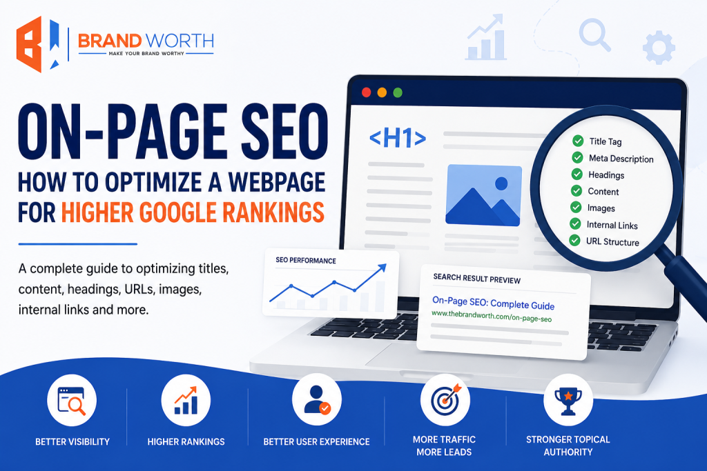 On-page SEO guide showing title tag, meta description, headings, content, images, internal links and URL optimization