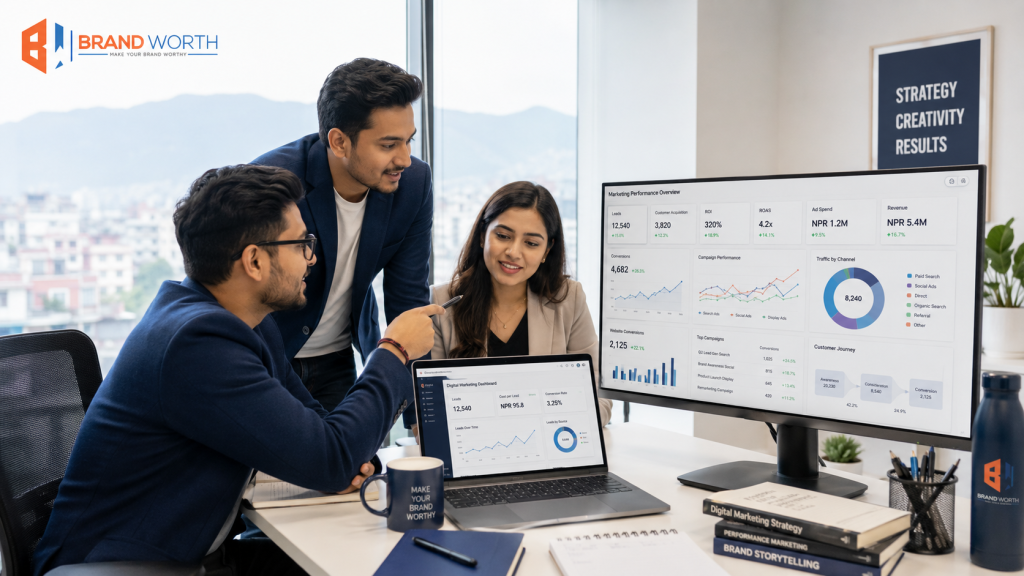 Performance marketing in Nepal showing ROI, ROAS, lead generation and digital advertising analytics